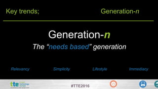 #TTE2016
Key trends; Generation-n
Generation-n
The “needs based” generation
Relevancy Simplicity Lifestyle Immediacy
 