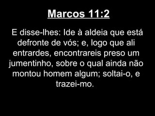 Marcos 11:2
 E disse-lhes: Ide à aldeia que está
  defronte de vós; e, logo que ali
 entrardes, encontrareis preso um
jumentinho, sobre o qual ainda não
 montou homem algum; soltai-o, e
            trazei-mo.
 