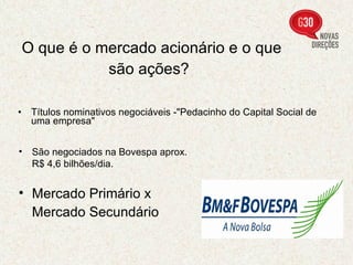 O que é o mercado acionário e o que são ações?   Títulos nominativos negociáveis -"Pedacinho do Capital Social de uma empresa"  Mercado Primário x Mercado Secundário   São negociados na Bovespa aprox. R$ 4,6 bilhões/dia. 