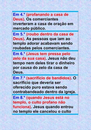 Em 4.° (profanando a casa de
Deus). Os comerciantes
inverteram a casa de oração em
mercado público.
Em 5.° (roubo dentro da casa de
Deus). As pessoas que iam ao
templo adorar acabavam sendo
roubadas pelos comerciantes.
Em 6.° (Jesus tem pressa pelo
zelo da sua casa). Jesus não deu
tempo nem deles tirar o dinheiro
por causa do zelo da casa de
Deus.
Em 7.° (sacrifício de bandidos). O
sacrifício que deveria ser
oferecido puro estava sendo
contrabandeado dentro da igreja.
Em 8.° (quando Jesus está no
templo, o culto profano não
funciona). Jesus quando entrou
no templo ele cancelou o culto
 