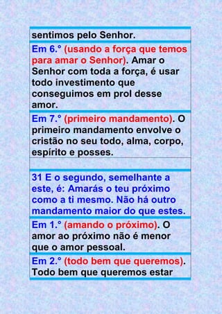 sentimos pelo Senhor.
Em 6.° (usando a força que temos
para amar o Senhor). Amar o
Senhor com toda a força, é usar
todo investimento que
conseguimos em prol desse
amor.
Em 7.° (primeiro mandamento). O
primeiro mandamento envolve o
cristão no seu todo, alma, corpo,
espírito e posses.
31 E o segundo, semelhante a
este, é: Amarás o teu próximo
como a ti mesmo. Não há outro
mandamento maior do que estes.
Em 1.° (amando o próximo). O
amor ao próximo não é menor
que o amor pessoal.
Em 2.° (todo bem que queremos).
Todo bem que queremos estar
 