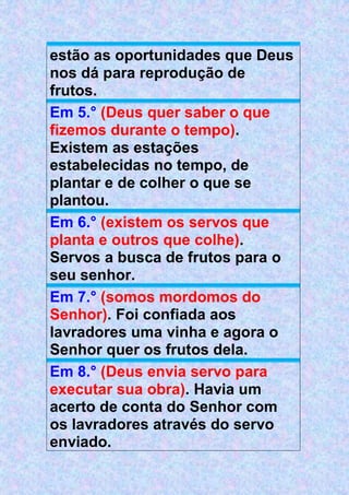 estão as oportunidades que Deus
nos dá para reprodução de
frutos.
Em 5.° (Deus quer saber o que
fizemos durante o tempo).
Existem as estações
estabelecidas no tempo, de
plantar e de colher o que se
plantou.
Em 6.° (existem os servos que
planta e outros que colhe).
Servos a busca de frutos para o
seu senhor.
Em 7.° (somos mordomos do
Senhor). Foi confiada aos
lavradores uma vinha e agora o
Senhor quer os frutos dela.
Em 8.° (Deus envia servo para
executar sua obra). Havia um
acerto de conta do Senhor com
os lavradores através do servo
enviado.
 