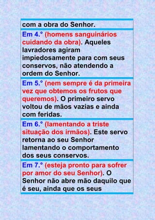 com a obra do Senhor.
Em 4.° (homens sanguinários
cuidando da obra). Aqueles
lavradores agiram
impiedosamente para com seus
conservos, não atendendo a
ordem do Senhor.
Em 5.° (nem sempre é da primeira
vez que obtemos os frutos que
queremos). O primeiro servo
voltou de mãos vazias e ainda
com feridas.
Em 6.° (lamentando a triste
situação dos irmãos). Este servo
retorna ao seu Senhor
lamentando o comportamento
dos seus conservos.
Em 7.° (esteja pronto para sofrer
por amor do seu Senhor). O
Senhor não abre mão daquilo que
é seu, ainda que os seus
 