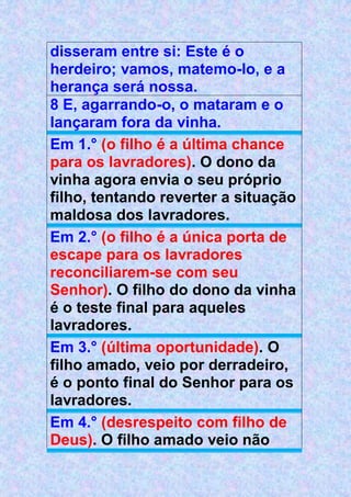 disseram entre si: Este é o
herdeiro; vamos, matemo-lo, e a
herança será nossa.
8 E, agarrando-o, o mataram e o
lançaram fora da vinha.
Em 1.° (o filho é a última chance
para os lavradores). O dono da
vinha agora envia o seu próprio
filho, tentando reverter a situação
maldosa dos lavradores.
Em 2.° (o filho é a única porta de
escape para os lavradores
reconciliarem-se com seu
Senhor). O filho do dono da vinha
é o teste final para aqueles
lavradores.
Em 3.° (última oportunidade). O
filho amado, veio por derradeiro,
é o ponto final do Senhor para os
lavradores.
Em 4.° (desrespeito com filho de
Deus). O filho amado veio não
 