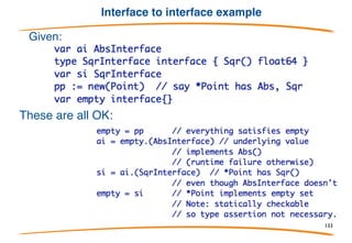 Interface to interface conversion
So far we've only moved regular values into and out of
interface values, but interface values that contain the
appropriate methods can also be converted.
In effect, it's the same as unboxing the interface value
to extract the underlying concrete value, then boxing
it again for the new interface type.
The conversion's success depends on the underlying
value, not the original interface type.
133
 