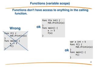 Your second function
This program computes the average of a series of numbers.
Finding the average like this is a very general problem, so
its an ideal candidate for definition as a function.
The average function will need to take in a slice of float64s
and return one float64. Insert this before the main function:
77
 
