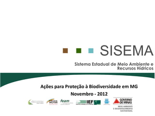 SISEMA
              Sistema Estadual de Meio Ambiente e
                                  Recursos Hídricos



Ações para Proteção à Biodiversidade em MG
             Novembro - 2012
 