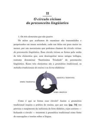 II
                 O círculo vicioso
             do preconceito lingüístico



    1. Os três elementos que são quatro
    Os mitos que acabamos de examinar são transmitidos e
perpetuados em nossa sociedade, cada um deles em grau maior ou
menor, por um mecanismo que podemos chamar de círculo vicioso
do preconceito lingüístico. Esse círculo vicioso se forma pela união
de três elementos que, sem desrespeitar meus amigos teólogos,
costumo    denominar     “Santíssima      Trindade”     do   preconceito
lingüístico. Esses três elementos são a gramática tradicional, os
métodos tradicionais de ensino e os livros didáticos:




    Como é que se forma esse círculo? Assim: a gramática
tradicional inspira a prática de ensino, que por sua [pg. 73] vez
provoca o surgimento da indústria do livro didático, cujos autores —
fechando o círculo — recorrem à gramática tradicional como fonte
de concepções e teorias sobre a língua.
 