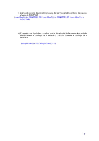 v) Expressió que ens digui si al menys una de les tres variables enteres és superior
al valor de CONSTAR.
(enterAReal ( i) > CONSTAR) OR (enterAReal ( j) > CONSTAR) OR (enterAReal (k) >
CONSTAR)
vi) Expressió que digui si es compleix que la lletra inicial de la cadena t és anterior
alfabèticament al contingut de la variable d i, alhora, posterior al contingut de la
variable c.
(stringToChart (t) < d ) i ( stringToChart (t) > c )
3
 