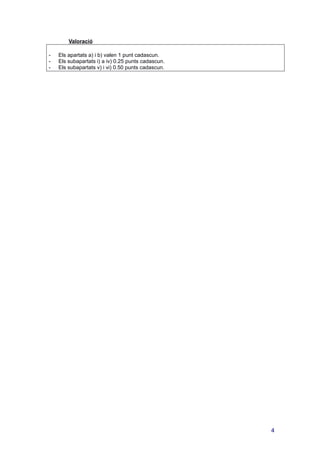 Valoració
- Els apartats a) i b) valen 1 punt cadascun.
- Els subapartats i) a iv) 0.25 punts cadascun.
- Els subapartats v) i vi) 0.50 punts cadascun.
4
 