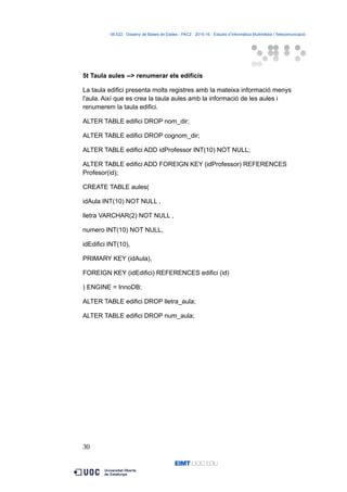 06.522 · Disseny de Bases de Dades - PAC2 · 2015-16 · Estudis d’Informàtica Multimèdia i Telecomunicació
5t Taula aules --> renumerar els edificis
La taula edifici presenta molts registres amb la mateixa informació menys
l'aula. Així que es crea la taula aules amb la informació de les aules i
renumerem la taula edifici.
ALTER TABLE edifici DROP nom_dir;
ALTER TABLE edifici DROP cognom_dir;
ALTER TABLE edifici ADD idProfessor INT(10) NOT NULL;
ALTER TABLE edifici ADD FOREIGN KEY (idProfessor) REFERENCES
Profesor(id);
CREATE TABLE aules(
idAula INT(10) NOT NULL ,
lletra VARCHAR(2) NOT NULL ,
numero INT(10) NOT NULL,
idEdifici INT(10),
PRIMARY KEY (idAula),
FOREIGN KEY (idEdifici) REFERENCES edifici (id)
) ENGINE = InnoDB;
ALTER TABLE edifici DROP lletra_aula;
ALTER TABLE edifici DROP num_aula;
30
 