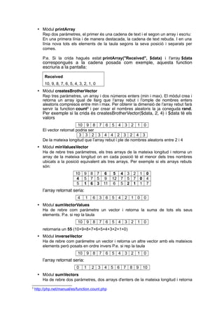  Mòdul printArray
Rep dos paràmetres, el primer és una cadena de text i el segon un array i escriu:
En una primera línia i de manera destacada, la cadena de text rebuda. I en una
línia nova tots els elements de la taula segons la seva posició i separats per
comes.
P.e. Si la crida hagués estat printArray("Received", $data) i l'array $data
correspongués a la cadena posada com exemple, aquesta function
escriuria a la pantalla:
Received
10, 9, 8, 7, 6, 5, 4, 3, 2, 1, 0
 Mòdul createsBrotherVector
Rep tres paràmetres, un array i dos números enters (min i max). El mòdul crea i
retorna un array igual de llarg que l’array rebut i l’omple de nombres enters
aleatoris compresos entre min i max. Per obtenir la dimensió de l’array rebut farà
servir la function count3
i per crear el nombres aleatoris la ja coneguda rand.
Per exemple si la crida és createsBrotherVector($data, 2, 4) i $data té els
valors
10 9 8 7 6 5 4 3 2 1 0
El vector retornat podria ser
3 3 2 3 4 4 2 3 2 4 3
De la mateixa longitud que l’array rebut i ple de nombres aleatoris entre 2 i 4
 Mòdul minValuesVector
Ha de rebre tres paràmetres, els tres arrays de la mateixa longitud i retorna un
array de la mateixa longitud on en cada posició té el menor dels tres nombres
ubicats a la posició equivalent als tres arrays. Per exemple si els arrays rebuts
són:
10 9 8 7 6 5 4 3 2 1 0
4 5 7 5 9 12 7 5 7 0 4
5 1 6 3 11 6 5 2 1 1 7
l’array retornat seria:
4 1 6 3 6 5 4 2 1 0 0
 Mòdul sumVectorValues
Ha de rebre com paràmetre un vector i retorna la suma de tots els seus
elements. P.e. si rep la taula
10 9 8 7 6 5 4 3 2 1 0
retornaria un 55 (10+9+8+7+6+5+4+3+2+1+0)
 Mòdul inverseVector
Ha de rebre com paràmetre un vector i retorna un altre vector amb els mateixos
elements però posats en ordre invers P.e. si rep la taula
10 9 8 7 6 5 4 3 2 1 0
l’array retornat seria:
0 1 2 3 4 5 6 7 8 9 10
 Mòdul sumVectors
Ha de rebre dos paràmetres, dos arrays d'enters de la mateixa longitud i retorna
3
http://php.net/manual/es/function.count.php
 