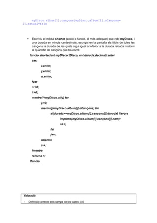 myDisco.album[1].cançons[myDisco.album[1].nCançons-
1].estudi=fals
 Escriviu el mòdul shorter (acció o funció, el més adequat) que rebi myDisco, i
una durada en minuts centesimals, escrigui en la pantalla els títols de totes les
cançons la durada de les quals sigui igual o inferior a la durada rebuda i retorni
la quantitat de cançons que ha escrit.
funcio shorter(ent myDisco:tDisco, ent durada:decimal):enter
var:
i:enter;
j:enter;
n:enter;
fvar
n:=0;
i:=0;
mentre(i<myDisco.qtty) fer
j:=0;
mentre(j<myDisco.album[i].nCançons) fer
si(durada>=myDisco.album[i].cançons[j].durada) llavors
imprime(myDisco.album[i].cançons[j].nom);
n++;
fsi
j++;
fmentre
i++;
fmentre
retorna n;
ffuncio
Valoració
- Definició correcte dels camps de les tuples: 0.5
 
