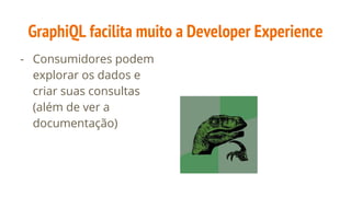 GraphiQL facilita muito a Developer Experience
- Consumidores podem
explorar os dados e
criar suas consultas
(além de ver a
documentação)
 