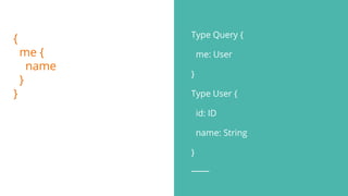 Type Query {
me: User
}
Type User {
id: ID
name: String
}
{
me {
name
}
}
 