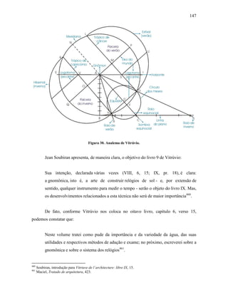 147
Figura 30. Analema de Vitrúvio.
Jean Soubiran apresenta, de maneira clara, o objetivo do livro 9 de Vitrúvio:
Sua intenção, declarada várias vezes (VIII, 6, 15; IX, pr. 18), é clara:
a gnomônica, isto é, a arte de construir relógios de sol - e, por extensão de
sentido, qualquer instrumento para medir o tempo - serão o objeto do livro IX. Mas,
os desenvolvimentos relacionados a esta técnica não será de maior importância460
.
De fato, conforme Vitrúvio nos coloca no oitavo livro, capítulo 6, verso 15,
podemos constatar que:
Neste volume tratei como pude da importância e da variedade da água, das suas
utilidades e respectivos métodos de adução e exame; no próximo, escreverei sobre a
gnomônica e sobre o sistema dos relógios461
.
460
Soubiran, introdução para Vitriuve de l´architecture: libre IX, 15.
461
Maciel, Tratado de arquitetura, 423.
 