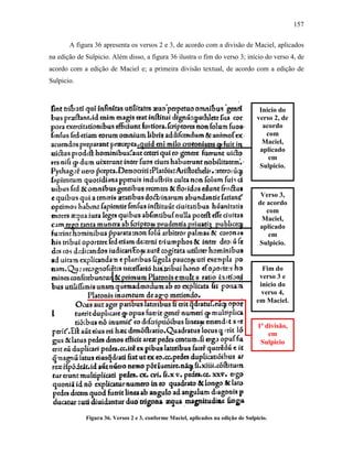 157
A figura 36 apresenta os versos 2 e 3, de acordo com a divisão de Maciel, aplicados
na edição de Sulpicio. Além disso, a figura 36 ilustra o fim do verso 3; início do verso 4, de
acordo com a edição de Maciel e; a primeira divisão textual, de acordo com a edição de
Sulpicio.
Figura 36. Versos 2 e 3, conforme Maciel, aplicados na edição de Sulpicio.
Início do
verso 2, de
acordo
com
Maciel,
aplicado
em
Sulpicio.
Verso 3,
de acordo
com
Maciel,
aplicado
em
Sulpicio.
Fim do
verso 3 e
início do
verso 4,
em Maciel.
1ª divisão,
em
Sulpicio
 