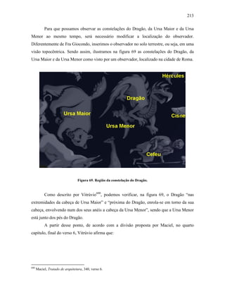 213
Para que possamos observar as constelações do Dragão, da Ursa Maior e da Ursa
Menor ao mesmo tempo, será necessário modificar a localização do observador.
Diferentemente de Fra Giocondo, inserimos o observador no solo terrestre, ou seja, em uma
visão topocêntrica. Sendo assim, ilustramos na figura 69 as constelações do Dragão, da
Ursa Maior e da Ursa Menor como visto por um observador, localizado na cidade de Roma.
Figura 69. Região da constelação do Dragão.
Como descrito por Vitrúvio600
, podemos verificar, na figura 69, o Dragão “nas
extremidades da cabeça de Ursa Maior” e “próxima do Dragão, enrola-se em torno da sua
cabeça, envolvendo num dos seus anéis a cabeça da Ursa Menor”, sendo que a Ursa Menor
está junto dos pés do Dragão.
A partir desse ponto, de acordo com a divisão proposta por Maciel, no quarto
capítulo, final do verso 6, Vitrúvio afirma que:
600
Maciel, Tratado de arquitetura, 340, verso 6.
 