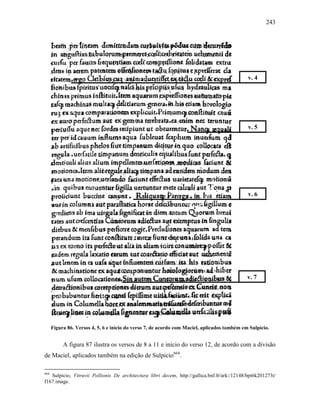 243
Figura 86. Versos 4, 5, 6 e início do verso 7, de acordo com Maciel, aplicados também em Sulpicio.
A figura 87 ilustra os versos de 8 a 11 e início do verso 12, de acordo com a divisão
de Maciel, aplicados também na edição de Sulpicio664
.
664
Sulpicio, Vitruvii Pollionis De architectura libri decem, http://gallica.bnf.fr/ark:/12148/bpt6k201273t/
f167.image.
v. 4
v. 5
v. 6
v. 7
 