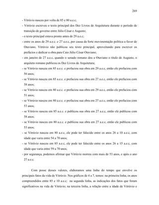 269
- Vitrúvio nasceu por volta de 85 e 80 a.e.c;
- Vitrúvio escreveu o texto principal dos Dez Livros de Arquitetura durante o período de
transição de governo entre Júlio César e Augusto;
- o texto principal estava pronto antes de 29 a.e.c;
- entre os anos de 29 a.e.c. e 27 a.e.c, por causa da forte movimentação política a favor de
Otaviano, Vitrúvio não publicou seu texto principal, aproveitando para escrever os
prefácios e dedicar a obra para Caio Júlio César Otaviano;
- em janeiro de 27 a.e.c, quando o senado romano deu a Otaviano o título de Augusto, o
arquiteto romano publicou os Dez Livros de Arquitetura;
- se Vitrúvio nasceu em 85 a.e.c. e prefaciou sua obra em 29 a.e.c, então ele prefaciou com
56 anos;
- se Vitrúvio nasceu em 85 a.e.c. e prefaciou sua obra em 27 a.e.c, então ele prefaciou com
58 anos;
- se Vitrúvio nasceu em 80 a.e.c. e prefaciou sua obra em 29 a.e.c, então ele prefaciou com
51 anos;
- se Vitrúvio nasceu em 80 a.e.c. e prefaciou sua obra em 27 a.e.c, então ele prefaciou com
53 anos;
- se Vitrúvio nasceu em 85 a.e.c. e publicou sua obra em 27 a.e.c, então ele publicou com
58 anos;
- se Vitrúvio nasceu em 80 a.e.c. e publicou sua obra em 27 a.e.c, então ele publicou com
53 anos;
- se Vitrúvio nasceu em 80 a.e.c, ele pode ter falecido entre os anos 26 a 10 a.e.c, com
idade que varia entre 54 a 70 anos;
- se Vitrúvio nasceu em 85 a.e.c, ele pode ter falecido entre os anos 26 a 15 a.e.c, com
idade que varia entre 59 a 70 anos;
- por segurança, podemos afirmar que Vitrúvio morreu com mais de 53 anos, e após o ano
27 a.e.c.
Com posse desses valores, elaboramos uma linha do tempo que envolve os
principais fatos da vida de Vitrúvio. Nos gráficos de 4 a 7, temos: na primeira linha, os anos
compreendidos entre 85 e 10 a.e.c; na segunda linha, as indicações dos fatos que foram
significativos na vida de Vitrúvio; na terceira linha, a relação entre a idade de Vitrúvio e
 