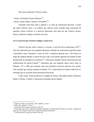279
Dos locais citados por Vitrúvio, temos:
- Atenas, Alexandria, Roma, Placência771
;
- Roma, Atenas, Rodes, Tarento e Alexandria772
.
Tomando como base todo o capítulo 3, os itens de Astronomia descritos, o nome
das quais Vitrúvio citou e as cidades que utilizou como exemplo para construção do
analema, iremos verificar se é possível determinar uma data em que Vitrúvio nasceu,
faleceu, prefaciou, redigiu e terminou sua obra.
4.3.2 Local em que Vitrúvio redigiu o nono livro
Vitrúvio cita que, entre o outono e o inverno, o curso do Sol se dirige para o Sul773
.
Esse fato demonstra que esse arquiteto apresenta conteúdos de Astronomia específicos para
o hemisfério norte. Entende-se “curso do Sol” a trajetória aparente que o Sol realiza ao
longo da eclíptica durante os meses do ano e não o movimento aparente em relação à linha
do horizonte no amanhecer ou anoitecer774
. Além disso, quando Vitrúvio menciona que tem
conhecimento da estrela Canopo775
, demonstra que esse arquiteto nunca esteve entre as
latitudes +37º e -90S, pois somente entre essas latitudes é possível observar essa estrela.
Vale ressaltar que, mesmo estando na latitude +37º, a observação de Canopo é difícil de ser
realizada, por se encontrar muito próxima do horizonte.
Como vimos, Vitrúvio descreve as cidades de Atenas, Alexandria, Roma, Placência,
Rodes e Tarento. A tabela 11 apresenta as latitudes dessas cidades:
771
Maciel, Tratado de arquitetura, 330, capítulo 1, verso 1.
772
Ibid., 344, capítulo 7, verso 1.
773
Conforme nosso resumo, presente no item 39.
774
Para saber mais sobre a questão da eclíptica aplicada na Astronomia de Vitrúvio, leia Calil, “Analema de
Vitruvius: dos relógios solares até o relógio de Sol plano horizontal”.
775
Conforme nosso resumo, presente no item 46.
 