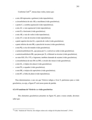 283
Conforme Calil782
, dessas duas visões, temos que:
− a reta AB representa o gnômon (visão topocêntrica);
− a circunferência de raio AB, a meridiana (visão geocêntrica);
− o ponto C, a sombra equinocial (visão topocêntrica);
− a reta AC, o raio equinocial (visão topocêntrica);
− a reta EI, o horizonte (visão geocêntrica);
− a reta AR, o raio de verão (visão topocêntrica);
− a reta AT, o raio de inverno (visão topocêntrica);
− a parte superior da reta GL, a parcela do verão (visão geocêntrica);
− a parte inferior da reta HK, a parcela de inverno (visão geocêntrica);
− a reta PQ, o eixo do mundo (visão geocêntrica);
− a semicircunferência GL, que passa por U, o estival ou verão (visão geocêntrica);
− a semicircunferência HK, que passa por X, o hibernal ou inverno (visão geocêntrica);
− as retas GH, US e VX, o logotomo, também chamado de secante (visão geocêntrica);
− a circunferência de raio DG ou DH, o círculo dos meses (visão geocêntrica);
− a reta GL, o trópico de câncer (visão geocêntrica);
− a reta FN, o equador (visão geocêntrica);
− a reta HK, o trópico de capricórnio (visão geocêntrica);
− a reta RT, a linha do plano (visão topocêntrica).
Para determinarmos o ano em que Vitrúvio redigiu o livro 9, partiremos para a visão
geocêntrica, ou seja, a figura 87 será nosso ponto de partida.
4.3.4 O analema de Vitrúvio e a visão geocêntrica
Dos elementos geocêntricos presentes na figura 92, para o nosso estudo, devemos
saber que:
782
Calil, “Analema de Vitruvius: dos relógios solares até o relógio de Sol plano horizontal”, 159-61.
 