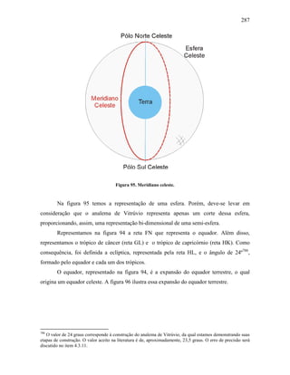 287
Figura 95. Meridiano celeste.
Na figura 95 temos a representação de uma esfera. Porém, deve-se levar em
consideração que o analema de Vitrúvio representa apenas um corte dessa esfera,
proporcionando, assim, uma representação bi-dimensional de uma semi-esfera.
Representamos na figura 94 a reta FN que representa o equador. Além disso,
representamos o trópico de câncer (reta GL) e o trópico de capricórnio (reta HK). Como
consequência, foi definida a eclíptica, representada pela reta HL, e o ângulo de 24º786
,
formado pelo equador e cada um dos trópicos.
O equador, representado na figura 94, é a expansão do equador terrestre, o qual
origina um equador celeste. A figura 96 ilustra essa expansão do equador terrestre.
786
O valor de 24 graus corresponde à construção do analema de Vitrúvio, da qual estamos demonstrando suas
etapas de construção. O valor aceito na literatura é de, aproximadamente, 23,5 graus. O erro de precisão será
discutido no item 4.3.11.
 