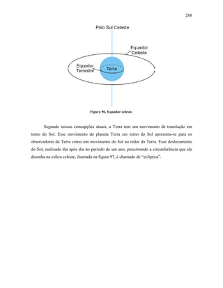 288
Figura 96. Equador celeste.
Segundo nossas concepções atuais, a Terra tem um movimento de translação em
torno do Sol. Esse movimento do planeta Terra em torno do Sol apresenta-se para os
observadores da Terra como um movimento do Sol ao redor da Terra. Esse deslocamento
do Sol, realizado dia após dia no período de um ano, percorrendo a circunferência que ele
desenha na esfera celeste, ilustrada na figura 97, é chamado de “eclíptica”.
 