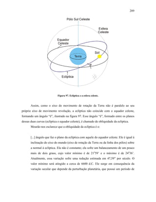 289
Figura 97. Eclíptica e a esfera celeste.
Assim, como o eixo do movimento de rotação da Terra não é paralelo ao seu
próprio eixo de movimento revolução, a eclíptica não coincide com o equador celeste,
formando um ângulo “ê”, ilustrado na figura 97. Esse ângulo “ê”, formado entre os planos
dessas duas curvas (eclíptica e equador celeste), é chamado de obliquidade da eclíptica.
Mourão nos esclarece que a obliquidade da eclíptica é o:
[...] ângulo que faz o plano da eclíptica com aquele do equador celeste. Ele é igual à
inclinação do eixo do mundo (eixo de rotação da Terra ou da linha dos pólos) sobre
a normal à eclíptica. Ela não é constante; ela sofre um balanceamento de um pouco
mais de dois graus, cujo valor mínimo é de 21o
59’ e o máximo é de 24o
36’.
Atualmente, essa variação sofre uma redução estimada em 47,59” por século. O
valor mínimo será atingido a cerca de 6600 d.C. Ele surge em consequência da
variação secular que depende da perturbação planetária, que possui um período de
 
