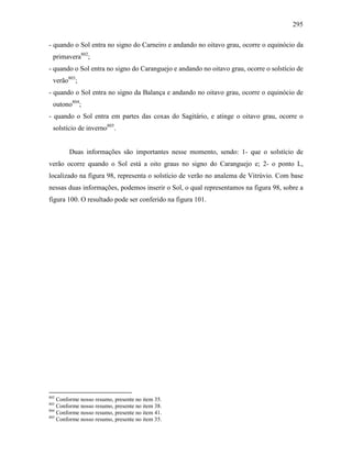 295
- quando o Sol entra no signo do Carneiro e andando no oitavo grau, ocorre o equinócio da
primavera802
;
- quando o Sol entra no signo do Caranguejo e andando no oitavo grau, ocorre o solstício de
verão803
;
- quando o Sol entra no signo da Balança e andando no oitavo grau, ocorre o equinócio de
outono804
;
- quando o Sol entra em partes das coxas do Sagitário, e atinge o oitavo grau, ocorre o
solstício de inverno805
.
Duas informações são importantes nesse momento, sendo: 1- que o solstício de
verão ocorre quando o Sol está a oito graus no signo do Caranguejo e; 2- o ponto L,
localizado na figura 98, representa o solstício de verão no analema de Vitrúvio. Com base
nessas duas informações, podemos inserir o Sol, o qual representamos na figura 98, sobre a
figura 100. O resultado pode ser conferido na figura 101.
802
Conforme nosso resumo, presente no item 35.
803
Conforme nosso resumo, presente no item 38.
804
Conforme nosso resumo, presente no item 41.
805
Conforme nosso resumo, presente no item 35.
 