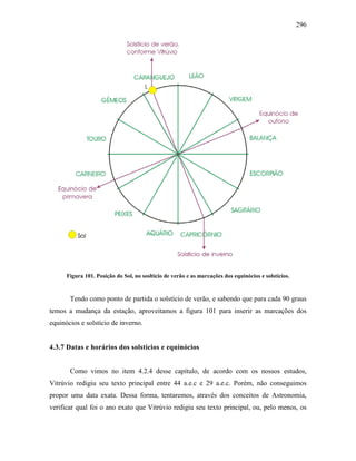 296
Figura 101. Posição do Sol, no sosltício de verão e as marcações dos equinócios e solstícios.
Tendo como ponto de partida o solstício de verão, e sabendo que para cada 90 graus
temos a mudança da estação, aproveitamos a figura 101 para inserir as marcações dos
equinócios e solstício de inverno.
4.3.7 Datas e horários dos solstícios e equinócios
Como vimos no item 4.2.4 desse capítulo, de acordo com os nossos estudos,
Vitrúvio redigiu seu texto principal entre 44 a.e.c e 29 a.e.c. Porém, não conseguimos
propor uma data exata. Dessa forma, tentaremos, através dos conceitos de Astronomia,
verificar qual foi o ano exato que Vitrúvio redigiu seu texto principal, ou, pelo menos, os
 