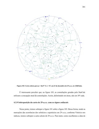 301
Figura 103. Carta celeste para ϕ = 66,5º N, λ = 0o
, em 23 de dezembro de 29 a.e.c, às 12h03min.
É interessante perceber que, na figura 103, as constelações geradas pelo StarCalc
utilizam a concepção atual de constelações. Assim, delimitando em áreas, não em 30º cada.
4.3.9 Sobreposição da carta de 29 a.e.c. com os signos zodiacais
Nesse ponto, iremos sobrepor a figura 101 sobre a figura 103. Dessa forma, tendo as
marcações das ocorrências dos solstícios e equinócios em 29 a.e.c, conforme Vitrúvio nos
indicou, iremos sobrepor a carta celeste de 29 a.e.c. Para tanto, como escolhemos a data de
 
