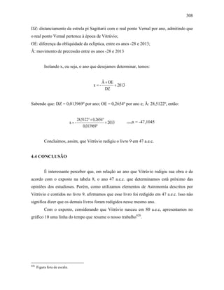 308
DZ: distanciamento da estrela pi Sagittarii com o real ponto Vernal por ano, admitindo que
o real ponto Vernal pertence à época de Vitrúvio;
OE: diferença da obliquidade da eclíptica, entre os anos -28 e 2013;
Â: movimento de precessão entre os anos -28 e 2013
Isolando x, ou seja, o ano que desejamos determinar, temos:
2013
DZ
OEÂ
-x +
+
=
Sabendo que: DZ = 0,013969º por ano; OE = 0,2654º por ano e; Â: 28,5122º, então:
2013
013969,0
2654,05122,82
-x +
°
°+°
= ⇒x = -47,1045
Concluímos, assim, que Vitrúvio redigiu o livro 9 em 47 a.e.c.
4.4 CONCLUSÃO
É interessante perceber que, em relação ao ano que Vitrúvio redigiu sua obra e de
acordo com o exposto na tabela 8, o ano 47 a.e.c. que determinamos está próximo das
opiniões dos estudiosos. Porém, como utilizamos elementos de Astronomia descritos por
Vitrúvio e contidos no livro 9, afirmamos que esse livro foi redigido em 47 a.e.c. Isso não
significa dizer que os demais livros foram redigidos nesse mesmo ano.
Com o exposto, considerando que Vitrúvio nasceu em 80 a.e.c, apresentamos no
gráfico 10 uma linha do tempo que resume o nosso trabalho820
.
820
Figura fora de escala.
 