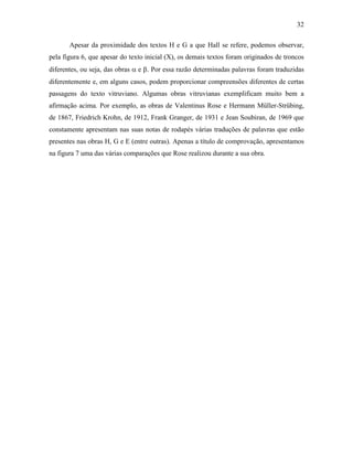 32
Apesar da proximidade dos textos H e G a que Hall se refere, podemos observar,
pela figura 6, que apesar do texto inicial (X), os demais textos foram originados de troncos
diferentes, ou seja, das obras α e β. Por essa razão determinadas palavras foram traduzidas
diferentemente e, em alguns casos, podem proporcionar compreensões diferentes de certas
passagens do texto vitruviano. Algumas obras vitruvianas exemplificam muito bem a
afirmação acima. Por exemplo, as obras de Valentinus Rose e Hermann Müller-Strübing,
de 1867, Friedrich Krohn, de 1912, Frank Granger, de 1931 e Jean Soubiran, de 1969 que
constamente apresentam nas suas notas de rodapés várias traduções de palavras que estão
presentes nas obras H, G e E (entre outras). Apenas a título de comprovação, apresentamos
na figura 7 uma das várias comparações que Rose realizou durante a sua obra.
 