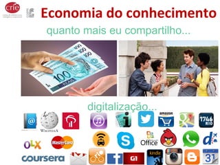 Economia do conhecimento
quanto mais eu compartilho...
digitalização...
 