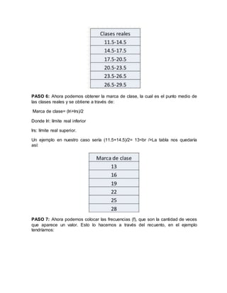 PASO 6: Ahora podemos obtener la marca de clase, la cual es el punto medio de
las clases reales y se obtiene a través de:
Marca de clase= (lri+lrs)/2
Donde lri: límite real inferior
lrs: límite real superior.
Un ejemplo en nuestro caso sería (11.5+14.5)/2= 13<br />La tabla nos quedaría
así:
PASO 7: Ahora podemos colocar las frecuencias (f), que son la cantidad de veces
que aparece un valor. Esto lo hacemos a través del recuento, en el ejemplo
tendríamos:
 