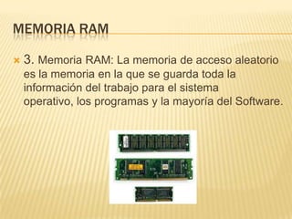 MEMORIA RAM


3. Memoria RAM: La memoria de acceso aleatorio
es la memoria en la que se guarda toda la
información del trabajo para el sistema
operativo, los programas y la mayoría del Software.

 