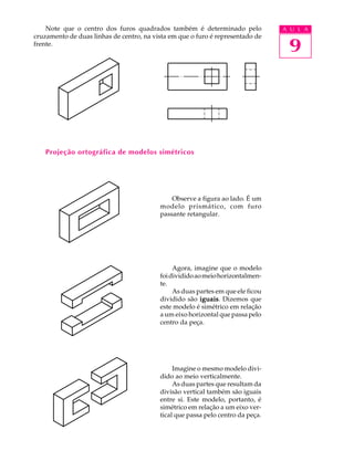 A U L A
9
Note que o centro dos furos quadrados também é determinado pelo
cruzamento de duas linhas de centro, na vista em que o furo é representado de
frente.
Projeção ortográfica de modelos simétricos
Observe a figura ao lado. É um
modelo prismático, com furo
passante retangular.
Agora, imagine que o modelo
foidivididoaomeiohorizontalmen-
te.
As duas partes em que ele ficou
dividido são iguaisiguaisiguaisiguaisiguais. Dizemos que
este modelo é simétrico em relação
a um eixo horizontal que passa pelo
centro da peça.
Imagine o mesmo modelo divi-
dido ao meio verticalmente.
As duas partes que resultam da
divisão vertical também são iguais
entre si. Este modelo, portanto, é
simétrico em relação a um eixo ver-
tical que passa pelo centro da peça.
 
