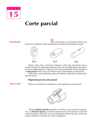 A U L A
15
15
A U L A
Introdução
Corte parcial
Em certas peças, os elementos internos que
devem ser analisados estão concentrados em partes determinadas da peça.
Nesses casos, não é necessário imaginar cortes que atravessem toda a
extensão da peça. É suficiente representar um corte que atinja apenas os elemen-
tos que se deseja destacar. O tipo de corte mais recomendado nessas situações é
o corte parcialcorte parcialcorte parcialcorte parcialcorte parcial. Nesta aula você saberá como é representado o corte parcial.
Além disso, você conhecerá os tipos de hachuras utilizadas nas representa-
ções em cortes.
Representação do corte parcial
Observe um modelo em perspectiva, com aplicação de corte parcial.
A linha contínua estreitacontínua estreitacontínua estreitacontínua estreitacontínua estreita irregular e à mão livre, que você vê na perspec-
tiva, é a linha de rupturalinha de rupturalinha de rupturalinha de rupturalinha de ruptura. A linha de ruptura mostra o local onde o corte está
sendo imaginado, deixando visíveis os elementos internos da peça. A linha de
ruptura também é utilizada nas vistas ortográficas.
Nossa aula
Fig.AFig.AFig.AFig.AFig.A Fig.BFig.BFig.BFig.BFig.B Fig.CFig.CFig.CFig.CFig.C
 