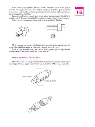 A U L A
16
Você notou que o rebaixo na vista frontal apresenta duas linhas que se
cruzam em diagonal? Essas duas linhas contínuas estreitas, que aparecem
cruzadas na vista frontal, indicam que a superfície assinalada é plana, derivada
de uma superfície cilíndrica.
Em desenho técnico, quando queremos indicar que uma superfície é plana,
obtida a partir de superfície cilíndrica, utilizamos essas duas linhas cruzadas.
Veja, a seguir, outra maneira de posicionar a seção fora da vista.
Nestecaso,aseçãoapareceligadaàvistaporumalinhatraçoepontoestreita,
que indica o local por onde se imaginou passar o plano de corte.
Uma vez que a relação entre a seção e a parte da peça que ela representa é
evidente por si, não é necessário dar nome à seção.
Seções sucessivas fora da vista
Quando se tratar de uma peça com vários elementos diferentes, é aconselhá-
vel imaginar várias seções sucessivas para analisar o perfil de cada elemento.
 