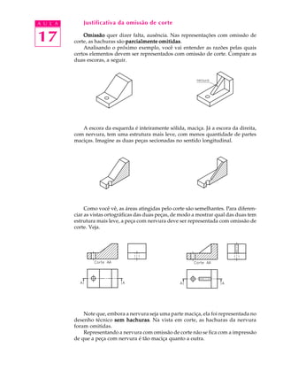 A U L A
17
Justificativa da omissão de corte
OmissãoOmissãoOmissãoOmissãoOmissão quer dizer falta, ausência. Nas representações com omissão de
corte, as hachuras são parcialmenteparcialmenteparcialmenteparcialmenteparcialmente omitidasomitidasomitidasomitidasomitidas.
Analisando o próximo exemplo, você vai entender as razões pelas quais
certos elementos devem ser representados com omissão de corte. Compare as
duas escoras, a seguir.
A escora da esquerda é inteiramente sólida, maciça. Já a escora da direita,
com nervura, tem uma estrutura mais leve, com menos quantidade de partes
maciças. Imagine as duas peças secionadas no sentido longitudinal.
Como você vê, as áreas atingidas pelo corte são semelhantes. Para diferen-
ciar as vistas ortográficas das duas peças, de modo a mostrar qual das duas tem
estrutura mais leve, a peça com nervura deve ser representada com omissão de
corte. Veja.
Note que, embora a nervura seja uma parte maciça, ela foi representada no
desenho técnico sem hachurassem hachurassem hachurassem hachurassem hachuras. Na vista em corte, as hachuras da nervura
foram omitidas.
Representando a nervura com omissão de corte não se fica com a impressão
de que a peça com nervura é tão maciça quanto a outra.
 