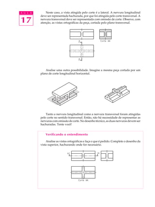 A U L A
17
Neste caso, a vista atingida pelo corte é a lateral. A nervura longitudinal
deve ser representada hachurada, por que foi atingida pelo corte transversal. A
nervura transversal deve ser representada com omissão de corte. Observe, com
atenção, as vistas ortográficas da peça, cortada pelo plano transversal.
Analise uma outra possibilidade. Imagine a mesma peça cortada por um
plano de corte longitudinal horizontal.
Tanto a nervura longitudinal como a nervura transversal foram atingidas
pelo corte no sentido transversal. Então, não há necessidade de representar as
nervuras com omissão de corte. No desenho técnico, as duas nervuras devem ser
hachuradas. Tente você!
Verificando o entendimento
Analise as vistas ortográficas e faça o que é pedido. Complete o desenho da
vista superior, hachurando onde for necessário.
 