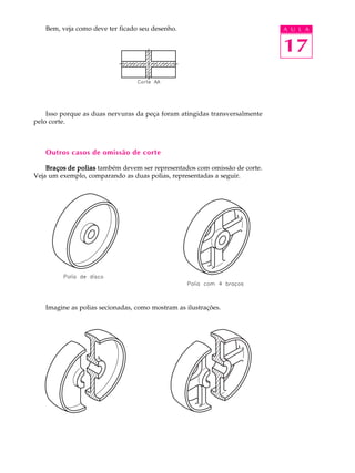 A U L A
17
Bem, veja como deve ter ficado seu desenho.
Isso porque as duas nervuras da peça foram atingidas transversalmente
pelo corte.
Outros casos de omissão de corte
BraçosBraçosBraçosBraçosBraços de poliasde poliasde poliasde poliasde polias também devem ser representados com omissão de corte.
Veja um exemplo, comparando as duas polias, representadas a seguir.
Imagine as polias secionadas, como mostram as ilustrações.
 