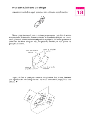 A U L A
18
Peças com mais de uma face oblíqua
A peça representada a seguir tem duas faces oblíquas, com elementos.
Numa projeção normal, tanto a vista superior como a vista lateral seriam
representadas deformadas. Para representar as duas faces oblíquas em verda-
deira grandeza, são necessários doisdoisdoisdoisdois planos de projeção auxiliares, paralelos a
cada uma das faces oblíquas. Veja, no próximo desenho, os dois planos de
projeção auxiliares.
Agora, analise as projeções das faces oblíquas nos dois planos. Observe
que o plano a foi rebatido para cima de modo a mostrar a projeção da face
oblíqua A·A·A·A·A·.
 