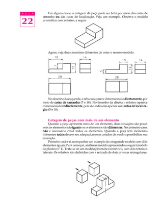 A U L A
22
Em alguns casos, a cotagem da peça pode ser feita por meio das cotas de
tamanho ououououou das cotas de localização. Veja um exemplo. Observe o modelo
prismático com rebaixo, a seguir.
Agora, veja duas maneiras diferentes de cotar o mesmo modelo.
Nodesenhodaesquerda,orebaixoaparecedimensionadodiretamente,diretamente,diretamente,diretamente,diretamente, por
meio de cotas de tamanhocotas de tamanhocotas de tamanhocotas de tamanhocotas de tamanho (7 e 18). No desenho da direita o rebaixo aparece
dimensionado indiretamenteindiretamenteindiretamenteindiretamenteindiretamente, pois são indicadas apenas suas cotas de localiza-cotas de localiza-cotas de localiza-cotas de localiza-cotas de localiza-
çãoçãoçãoçãoção (5 e 10).
Cotagem de peças com mais de um elemento
Quando a peça apresenta mais de um elemento, duas situações são possí-
veis: os elementos são iguaisiguaisiguaisiguaisiguais ou os elementos são diferentesdiferentesdiferentesdiferentesdiferentes. No primeiro caso,
nãonãonãonãonão é necessário cotar todos os elementos. Quando a peça tem elementos
diferentes todostodostodostodostodos devem ser adequadamente cotados de modo a possibilitar sua
execução.
Primeiro você vai acompanhar um exemplo de cotagem de modelo com dois
elementos iguais. Para começar, analise o modelo apresentado a seguir (modelo
de plástico nº 4). Trata-se de um modelo prismático simétrico, com dois rebaixos
laterais. Os rebaixos são definidos com a retirada de dois prismas retangulares.
 