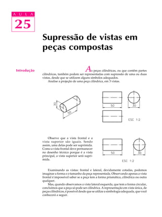 A U L A
25
25
A U L A
Introdução As peças cilíndricas, ou que contêm partes
cilíndricas, também podem ser representadas com supressão de uma ou duas
vistas, desde que se utilizem alguns símbolos adequados.
Analise a projeção de uma peça cilíndrica, em 3 vistas.
Observe que a vista frontal e a
vista superior são iguais. Sendo
assim, uma delas pode ser suprimida.
Como a vista frontal deve permanecer
no desenho técnico porque é a vista
principal, a vista superior será supri-
mida.
Examinando as vistas: frontal e lateral, devidamente cotadas, podemos
imaginar a forma e o tamanho da peça representada. Observando apenas a vista
frontal é impossível saber se a peça tem a forma prismática, cilíndrica ou outra
qualquer.
Mas, quando observamos a vista lateral esquerda, que tem a forma circular,
concluímos que a peça só pode ser cilíndrica. A representação em vista única, de
peças cilíndricas, é possível desde que se utilize a simbologia adequada, que você
conhecerá a seguir.
Supressão de vistas em
peças compostas
 