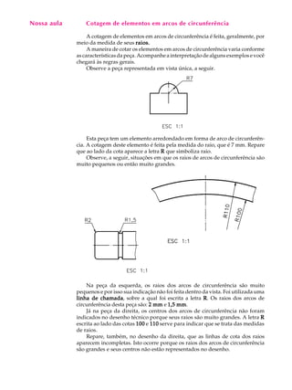 A U L A
26
Cotagem de elementos em arcos de circunferência
A cotagem de elementos em arcos de circunferência é feita, geralmente, por
meio da medida de seus raios.raios.raios.raios.raios.
A maneira de cotar os elementos em arcos de circunferência varia conforme
ascaracterísticasdapeça.Acompanheainterpretaçãodealgunsexemplosevocê
chegará às regras gerais.
Observe a peça representada em vista única, a seguir.
Esta peça tem um elemento arredondado em forma de arco de circunferên-
cia. A cotagem deste elemento é feita pela medida do raio, que é 7 mm. Repare
que ao lado da cota aparece a letra RRRRR que simboliza raio.
Observe, a seguir, situações em que os raios de arcos de circunferência são
muito pequenos ou então muito grandes.
Na peça da esquerda, os raios dos arcos de circunferência são muito
pequenos e por isso sua indicação não foi feita dentro da vista. Foi utilizada uma
linha de chamadalinha de chamadalinha de chamadalinha de chamadalinha de chamada, sobre a qual foi escrita a letra RRRRR. Os raios dos arcos de
circunferência desta peça são: 2 mm2 mm2 mm2 mm2 mm e 1,5 mm1,5 mm1,5 mm1,5 mm1,5 mm.
Já na peça da direita, os centros dos arcos de circunferência não foram
indicados no desenho técnico porque seus raios são muito grandes. A letra RRRRR
escrita ao lado das cotas 100100100100100 e 110110110110110 serve para indicar que se trata das medidas
de raios.
Repare, também, no desenho da direita, que as linhas de cota dos raios
aparecem incompletas. Isto ocorre porque os raios dos arcos de circunferência
são grandes e seus centros não estão representados no desenho.
Nossa aula
 