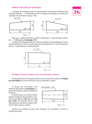 A U L A
26
Símbolo indicativo de inclinação
A relação de inclinação pode ser representada de maneira simbólica, pelo
seguinte símbolo: . No desenho técnico o símbolo é orientado de acordo com
a posição da inclinação da peça. Veja.
Note que o símbolo substitui a palavra inclinação. A representação simbó-
lica 1:101:101:101:101:10 significa inclinação 1:10inclinação 1:10inclinação 1:10inclinação 1:10inclinação 1:10.
Arelaçãodeinclinaçãopodeserexpressa,também,emporcentagem.Assim,
uma inclinação de 1:50 é o mesmo que uma inclinação de 2%. Veja, no desenho
abaixo, a representação correspondente.
Cotagem de peças cônicas ou com elementos cônicos
Em desenhos técnicos de peças cônicas ou com elementos cônicos, a relaçãorelaçãorelaçãorelaçãorelação
de conicidadede conicidadede conicidadede conicidadede conicidade deve estar indicada, como no desenho a seguir.
A relação de conicidade vem
indicada pela palavra conicidadeconicidadeconicidadeconicidadeconicidade, se-
guida de numerais, sobre uma linha de
chamada.
O numeral que vem antes dos dois
pontos é sempre 11111. No exemplo, a rela-
ção de conicidade é 1:201:201:201:201:20, que se lê: umumumumum
por vintepor vintepor vintepor vintepor vinte. Em desenho técnico com
indicação de conicidade, apenas o diâ-
metro maior aparece cotado.
Analise um exemplo de peça com indicação de conicidade e resolva a
questão proposta.
 