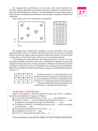 A U L A
27
Na cotagem por coordenadas, ao invés das cotas virem indicadas no
desenho, elas são indicadas numa tabela, próxima ao desenho. Os elementos da
peça são identificados por números. A interpretação das cotas relacionadas a
estes números, na tabela, permite deduzir a localização, o tamanho e a forma dos
elementos.
Veja a placa com furos, cotada por coordenadas:
Na cotagem por coordenadas, imagina-se a peça associada a dois eixos
perpendiculares entre si. O ponto onde estes dois eixos se cruzam é o ponto 00000
(zero), ou ponto de origem, que não aparece no desenho técnico. Um eixo recebe
o nome de xxxxx e o outro de yyyyy, como você pode ver no desenho anterior.
A localização de cada elemento fica determinada por um par de cotas,
indicadas na tabela. Uma das cotas indica a distância do elemento ao ponto de
origem na direção do eixo xxxxx. A outra cota indica a distância do elemento ao ponto
de origem na direção do eixo yyyyy. Acompanhe um exemplo, para entender bem.
Observe, no detalhe da tabela, reproduzido a seguir, as informações referentes
ao furo nº 1.
O centro do furo nº 1 está localizado a uma
distância de 8 mm do ponto 0, na direção do eixo
xxxxx e a uma distância de 8 mm, na direção do eixo
yyyyy. O furo nº 1 é redondo e tem 4 mm de diâmetro.
Ficoubementendido?Então,interpretevocê
a localização e o tamanho de outros furos.
Verificando o entendimento
Observe novamente o desenho técnico da placa com furos e a tabela e
preencha corretamente os espaços em branco.
a)a)a)a)a) As cotas de localização do furo nº 2 são .... e...... e seu diâmetro é .......
b)b)b)b)b) O furo nº 3 está a ....... mm de distância na direção do eixo xxxxx e a ........ mm
de distância na direção do eixo yyyyy e seu diâmetro é ......... mm.
c)c)c)c)c) A distância do furo nº 4 em relação ao eixo xxxxx é de ....... mm e em relação
ao eixo yyyyy é de ...... mm.
d)d)d)d)d) As cotas de localização do furo nº 5 são ..... e ........ .
e)e)e)e)e) O diâmetro do furo nº 6 é ..... mm.
f)f)f)f)f) O furo nº 7 fica localizado pelas cotas ..... e ........ .
Vamosàsrespostascorretas:a)a)a)a)a)8,38e4;b)b)b)b)b)22,15e5;c)c)c)c)c)22,30;d)d)d)d)d)40,23;e)e)e)e)e)4;f)f)f)f)f)52,38.
Nº
Nº
 