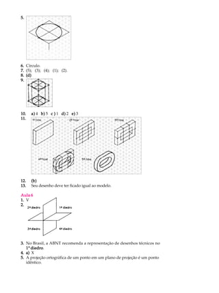 5.5.5.5.5.
6.6.6.6.6. Círculo.
7.7.7.7.7. (5); (3); (4); (1); (2).
8.8.8.8.8. (d)(d)(d)(d)(d)
9.9.9.9.9.
10.10.10.10.10. a)a)a)a)a) 4Qb)b)b)b)b) 5Qc )c )c )c )c ) 1Qd)d)d)d)d) 2Qe)e)e)e)e) 3
11.11.11.11.11.
12.12.12.12.12. (b)(b)(b)(b)(b)
13.13.13.13.13. Seu desenho deve ter ficado igual ao modelo.
Aula 6Aula 6Aula 6Aula 6Aula 6
1.1.1.1.1. V
2.2.2.2.2.
3.3.3.3.3. No Brasil, a ABNT recomenda a representação de desenhos técnicos no
11111º diedrodiedrodiedrodiedrodiedro.
4.4.4.4.4. a)a)a)a)a) X
5.5.5.5.5. A projeção ortográfica de um ponto em um plano de projeção é um ponto
idêntico.
 